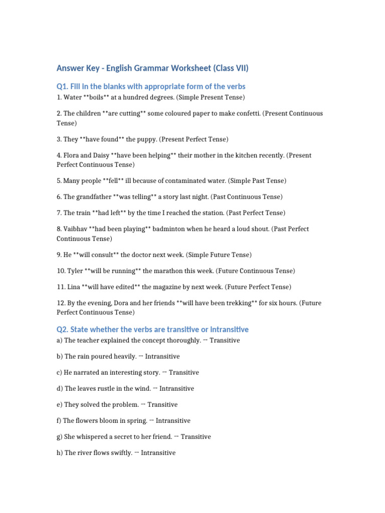 Answer Key English Grammar Class7 | PDF