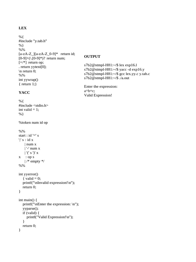 Lex and Yacc Expression Parser | PDF