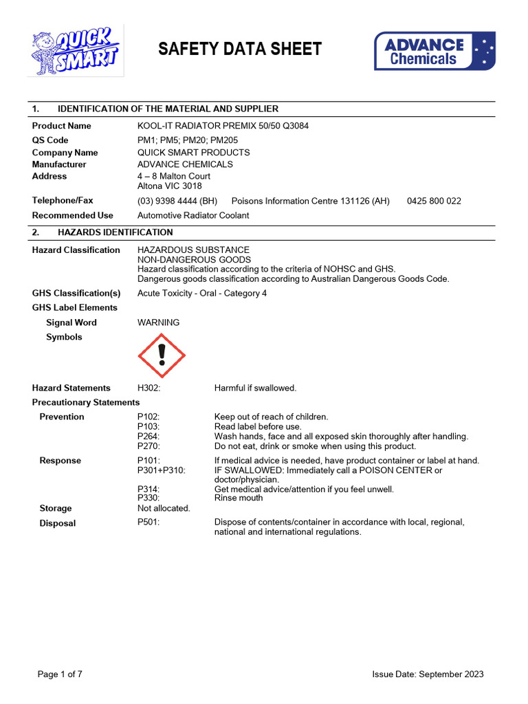KOOL-IT Radiator Coolant Safety Data Sheet | PDF | Dangerous Goods ...