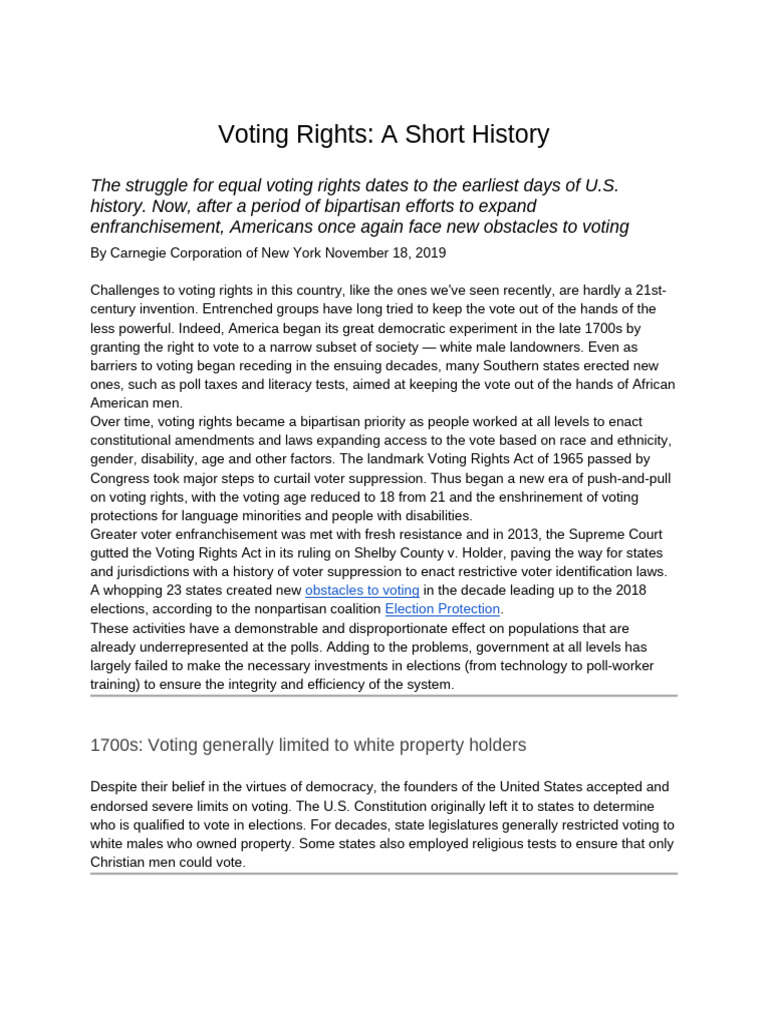 History of Voting Rights in America | PDF | Voting Rights Act Of 1965 ...