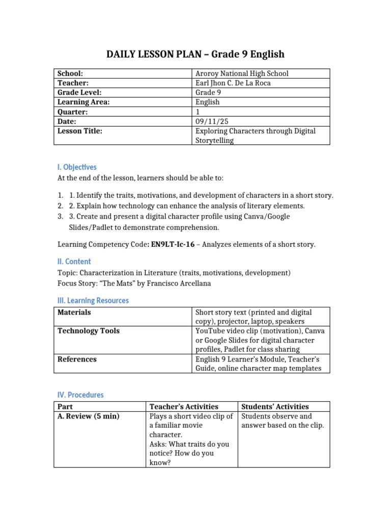 Grade 9 English Characterization Lesson Plan | PDF | Lesson Plan | Pedagogy