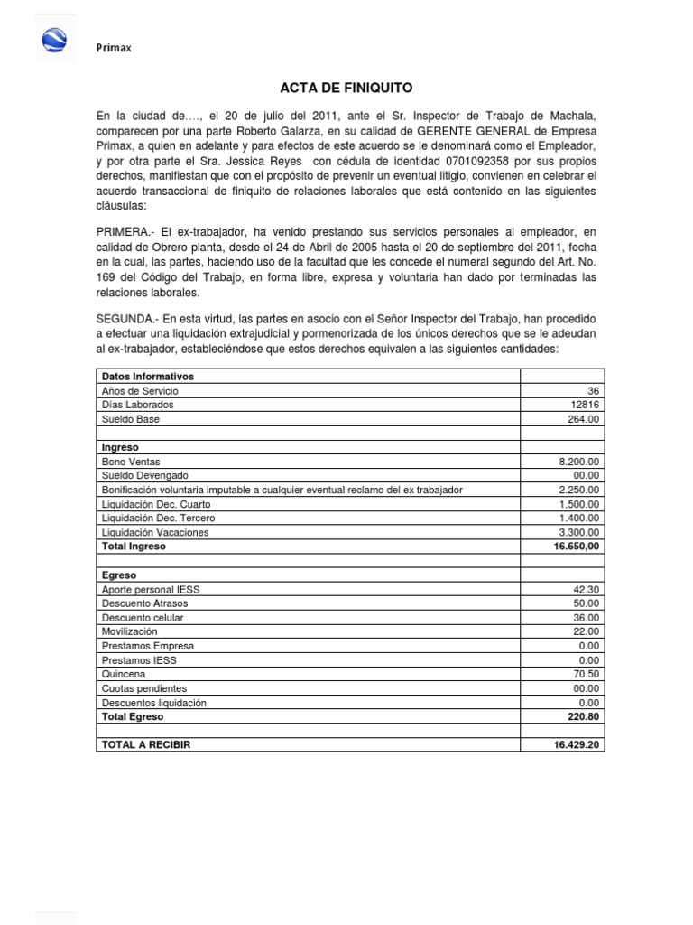 Acta de Finiquito Laboral Primax | PDF | Liquidación | Negocios (general)