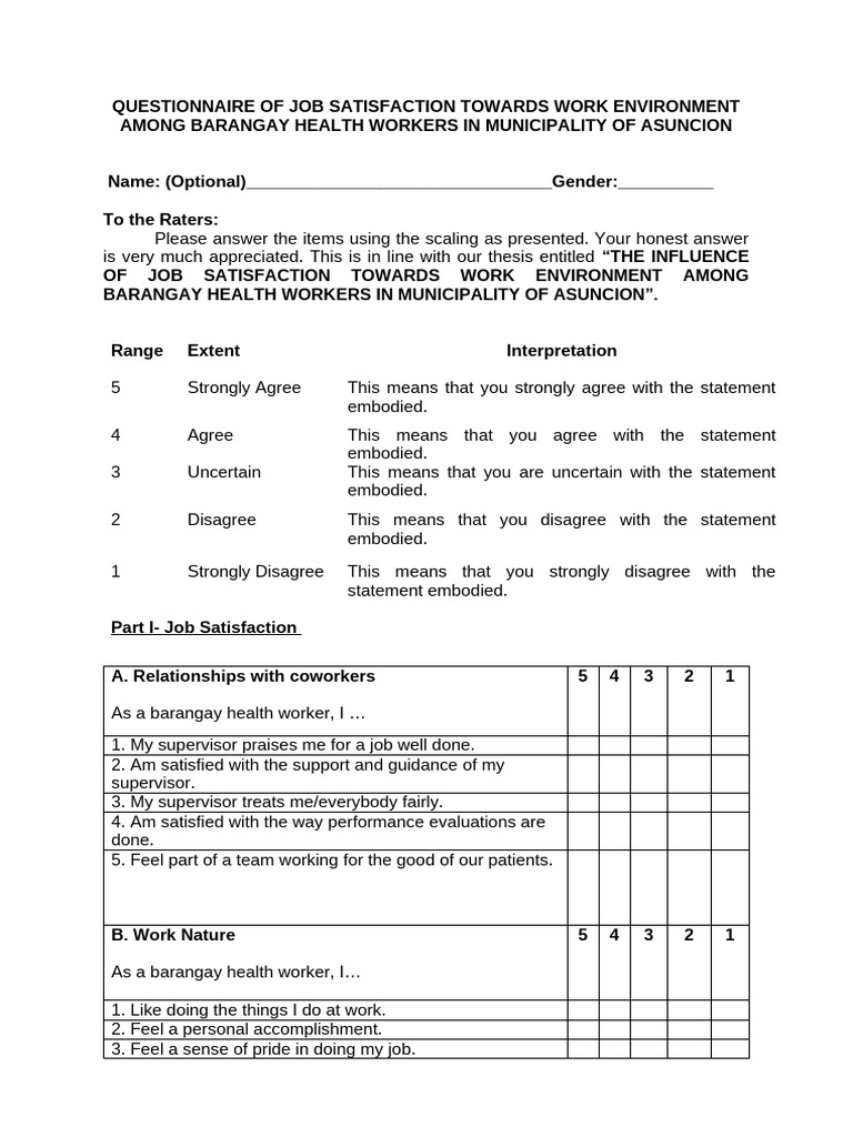 Questionnaire On Job Satisfaction Towards Work Environment Among ...