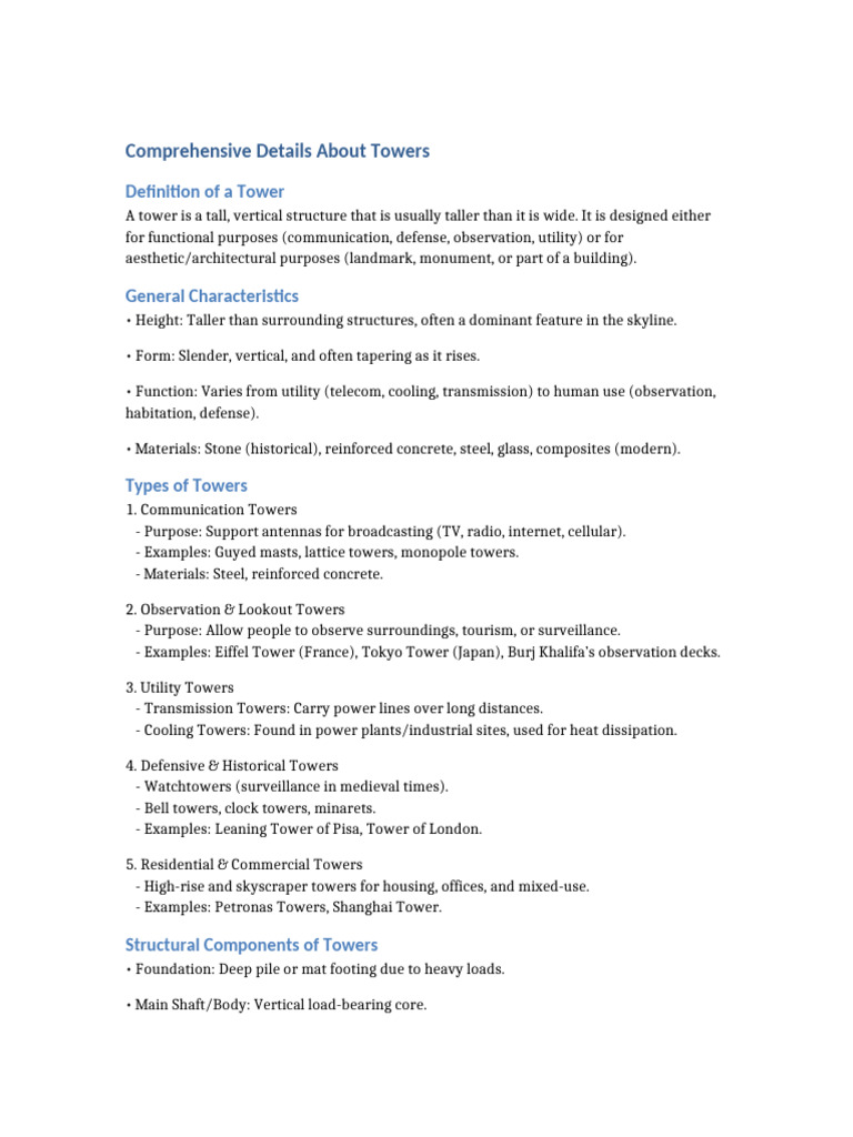 Comprehensive Details About Towers | PDF | Tower | Structural Engineering
