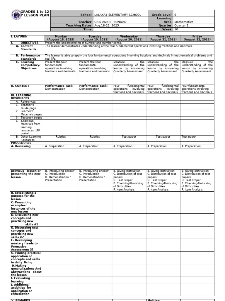 Grade 6 Math Lesson Plan: Fractions & Decimals | PDF | Learning ...