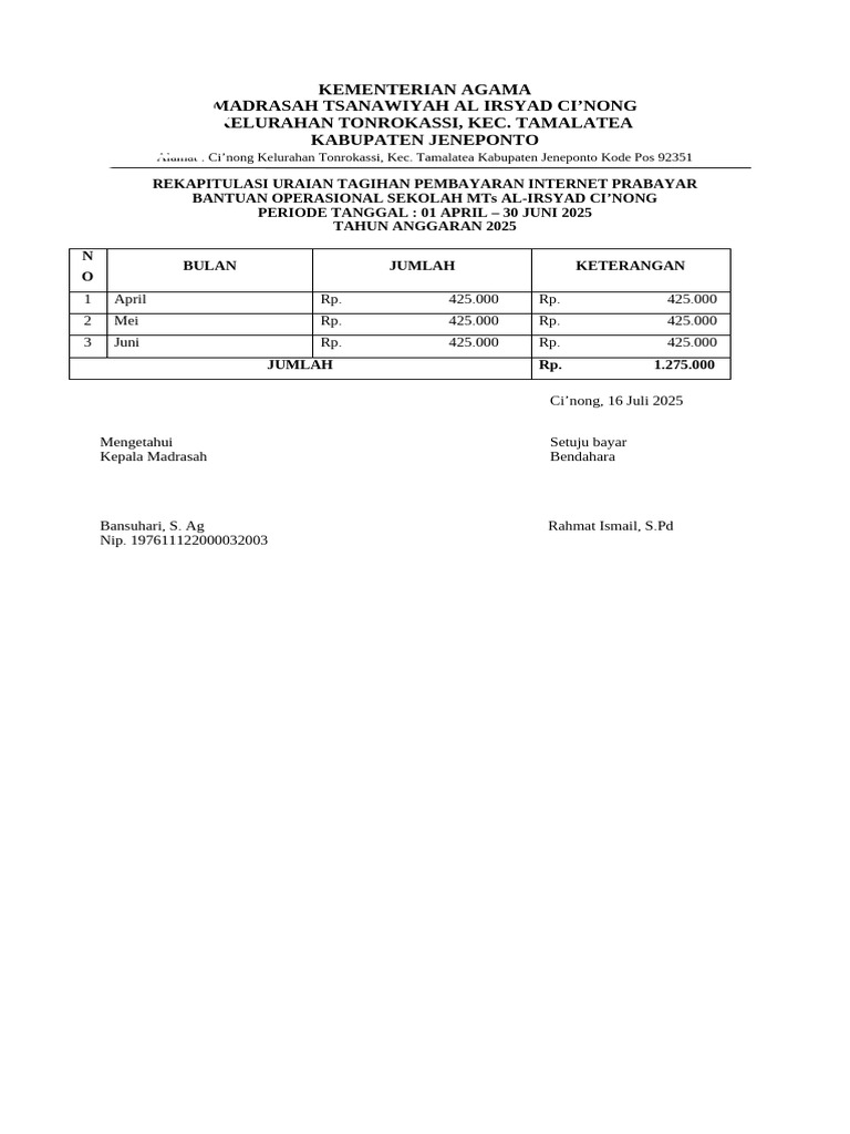 Rekap Pembayaran Internet MTs Al-Irsyad | PDF