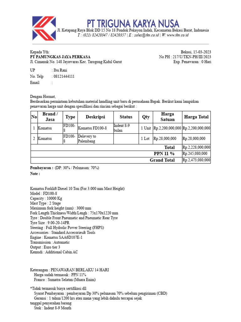 Penawaran Komatsu FD100-8 untuk PT PAMUNGKAS | PDF