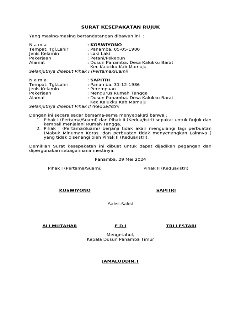 Surat Kesepakatan Rujuk | PDF