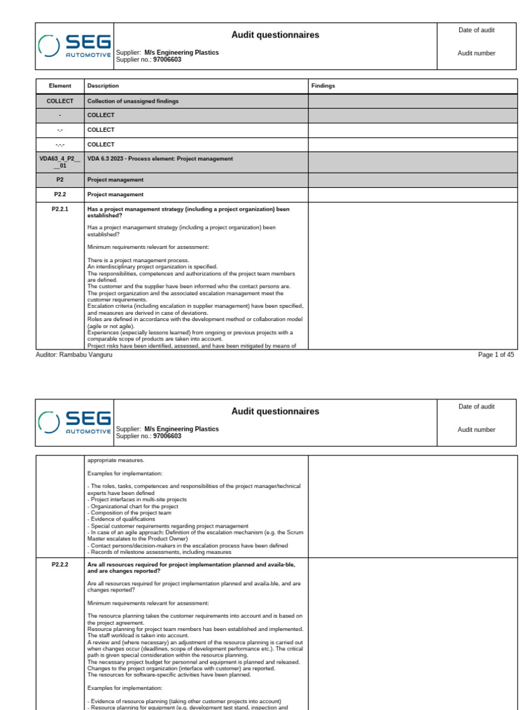 VDA 6.3 Audit Checklist 2023 | PDF | Audit | Supply Chain