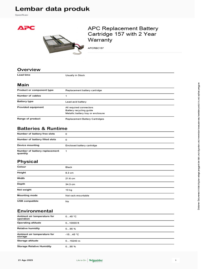 APC Replacement Battery Cartridge APCRBC157 | PDF