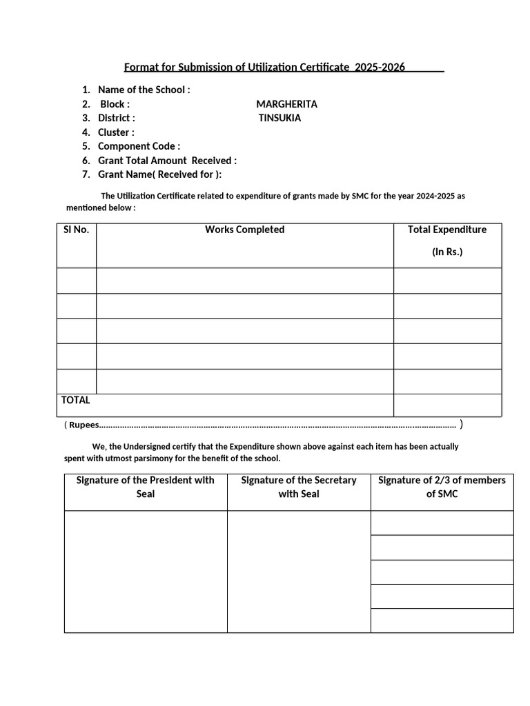 Utilization Certificate Format 2025-2026 | PDF