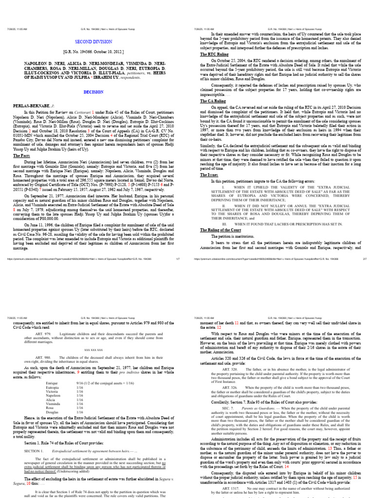 Neri vs. Heirs of Uy: Estate Dispute Ruling | PDF | Civil Law (Common ...
