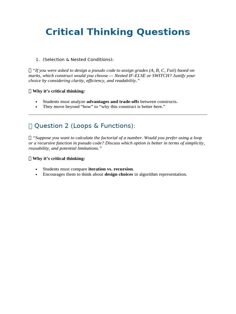 Critical Thinking in Pseudo Code Design | PDF