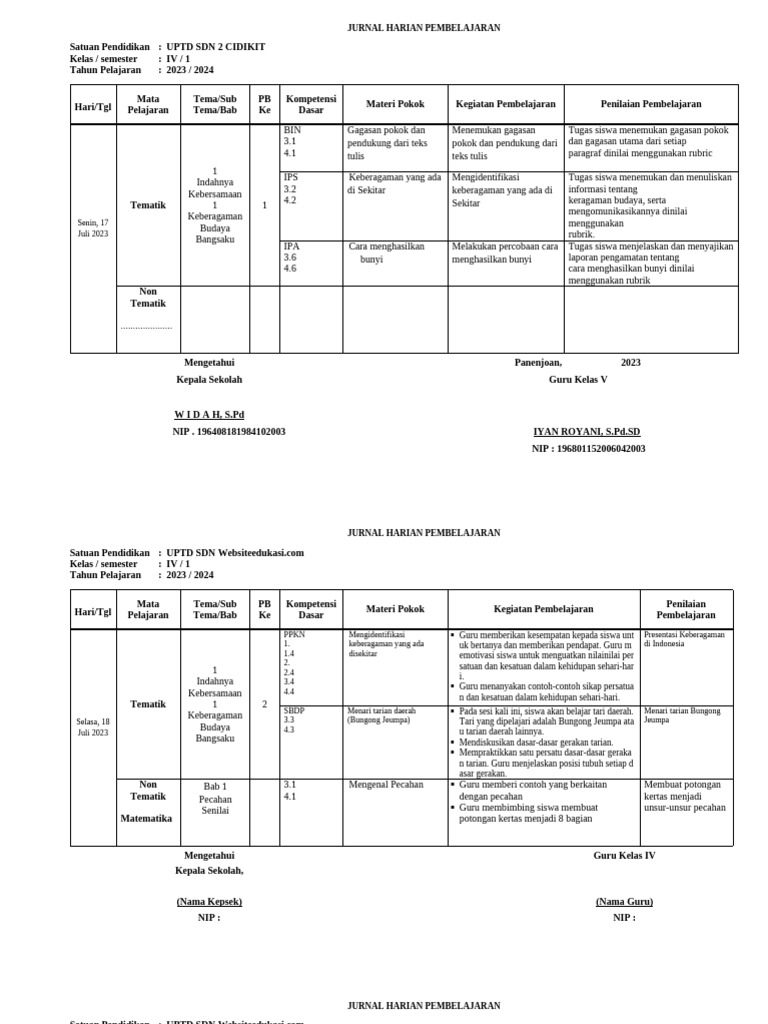 Jurnal Pembelajaran Kelas IV 2023/2024 | PDF