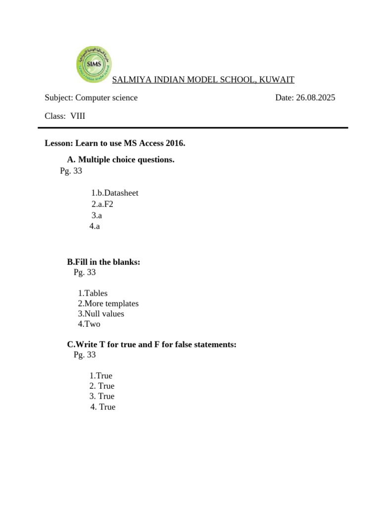 MS Access 2016 for Class 8 Students | PDF | Table (Database) | Databases