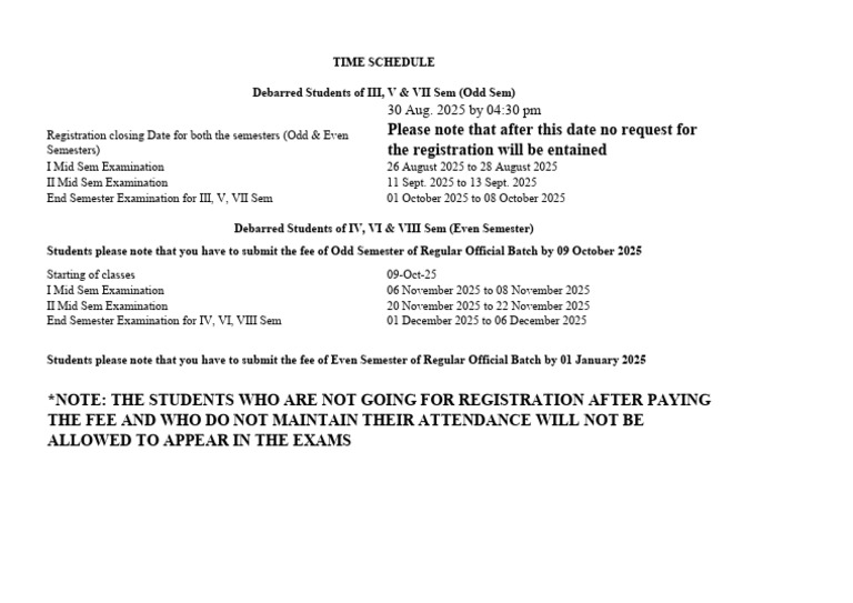 2025 Semester Registration and Exam Schedule | PDF