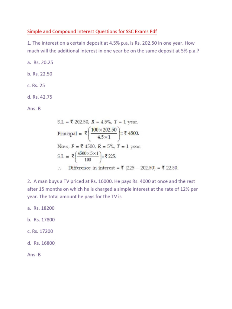 SSC Exam Simple & Compound Interest Questions | PDF