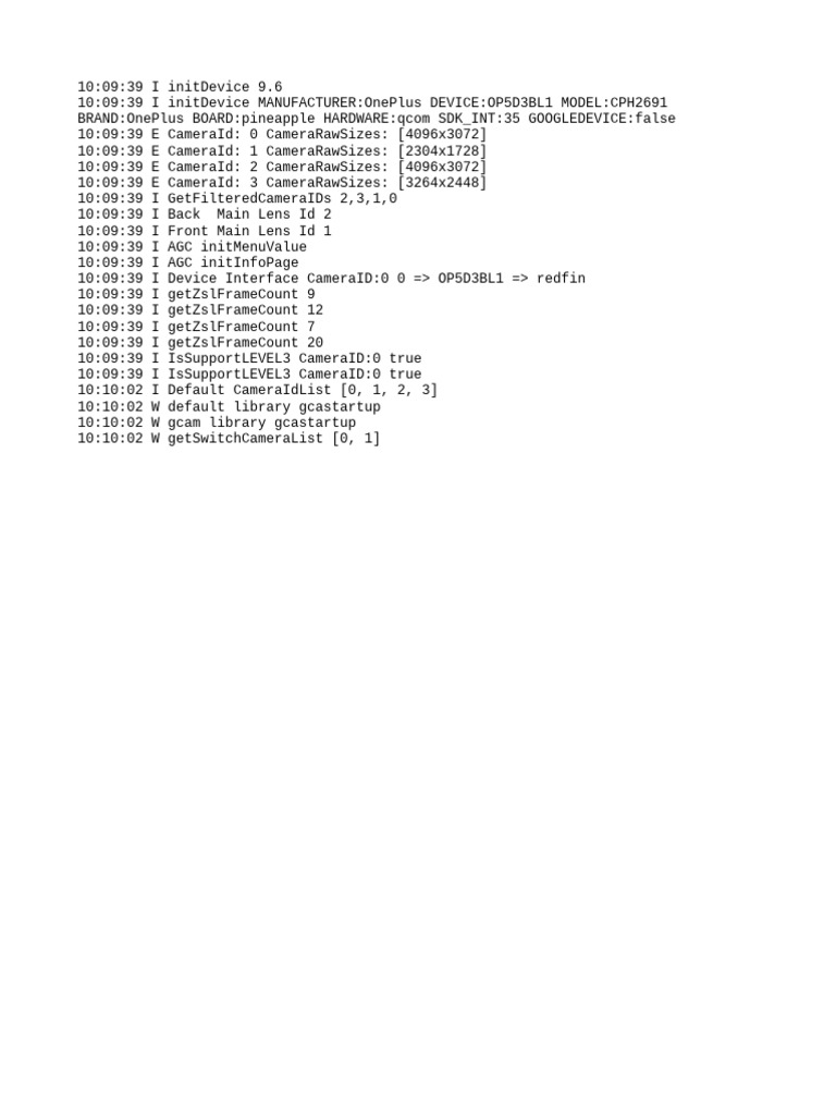 OnePlus OP5D3BL1 Camera Initialization Logs | PDF