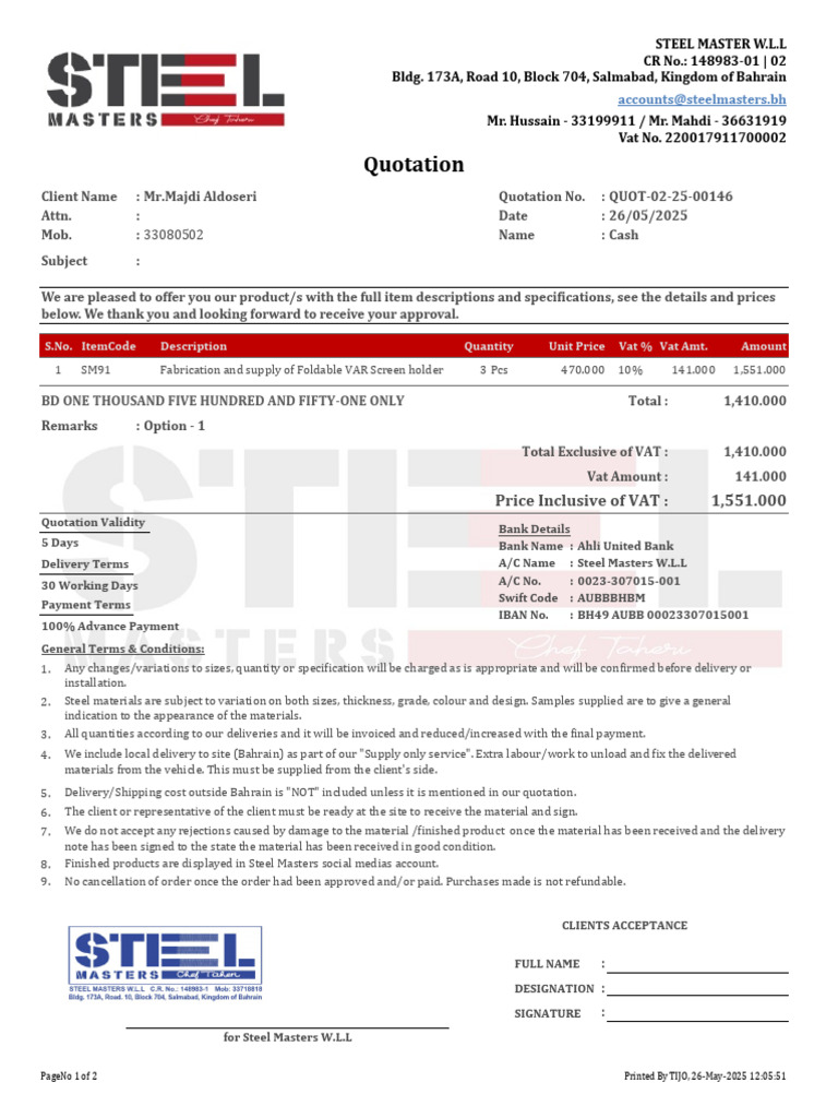 Quotation for Steel Master W.L.L Services | PDF
