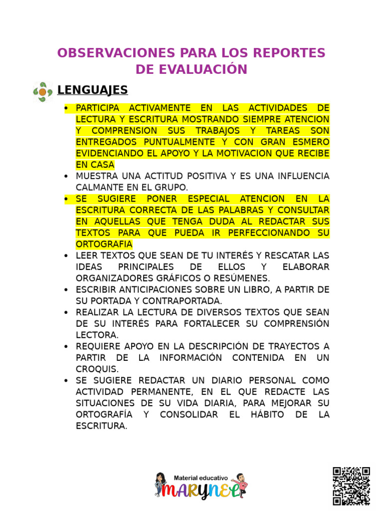 Observaciones para Reportes de Evaluación | PDF | Adverbio ...