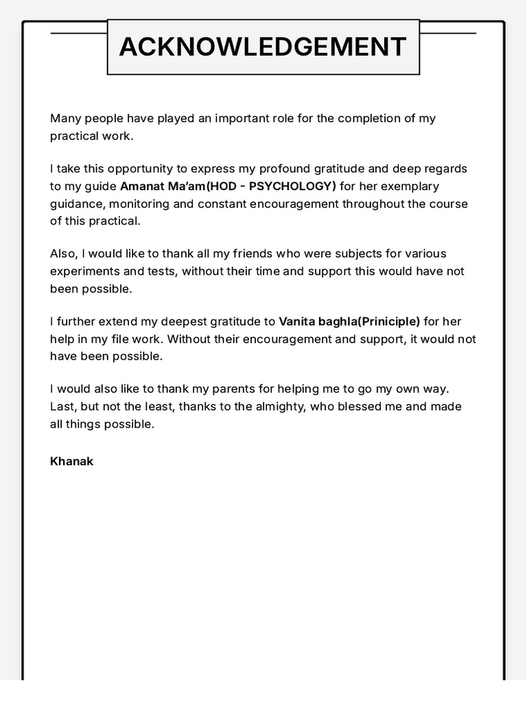 Acknowledgement for Psychology Practical | PDF