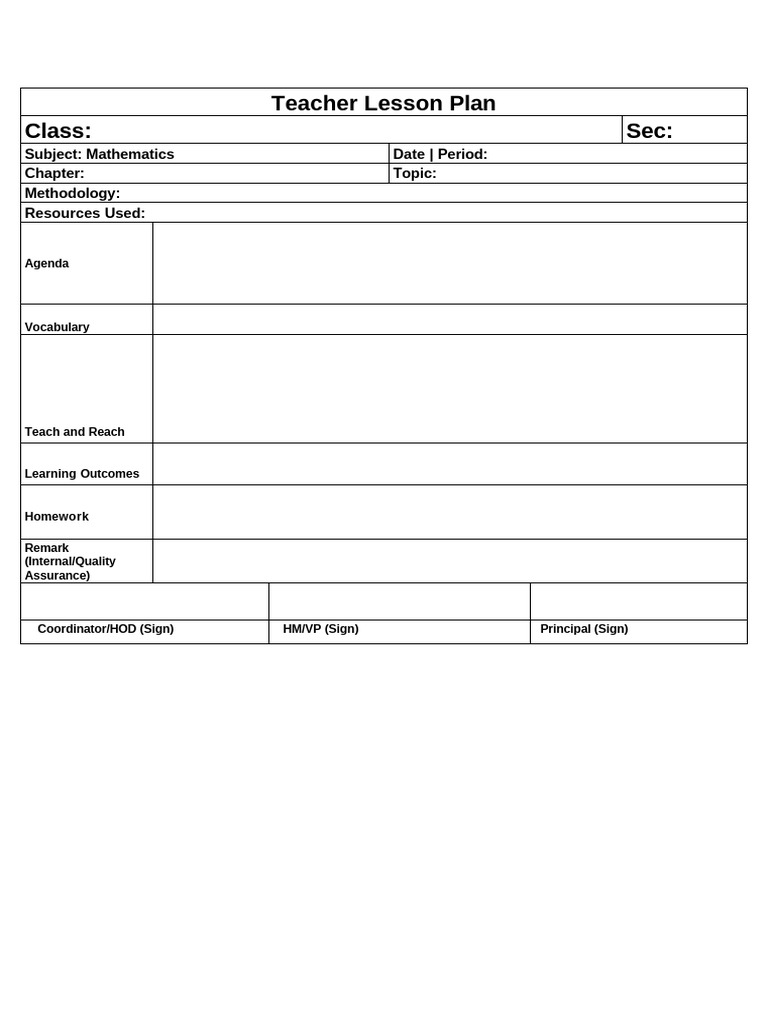 Mathematics Teacher Lesson Plan Template | PDF