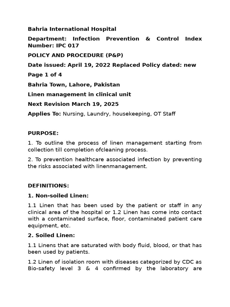 Linen Management Policy for Infection Control | PDF | Health Care ...