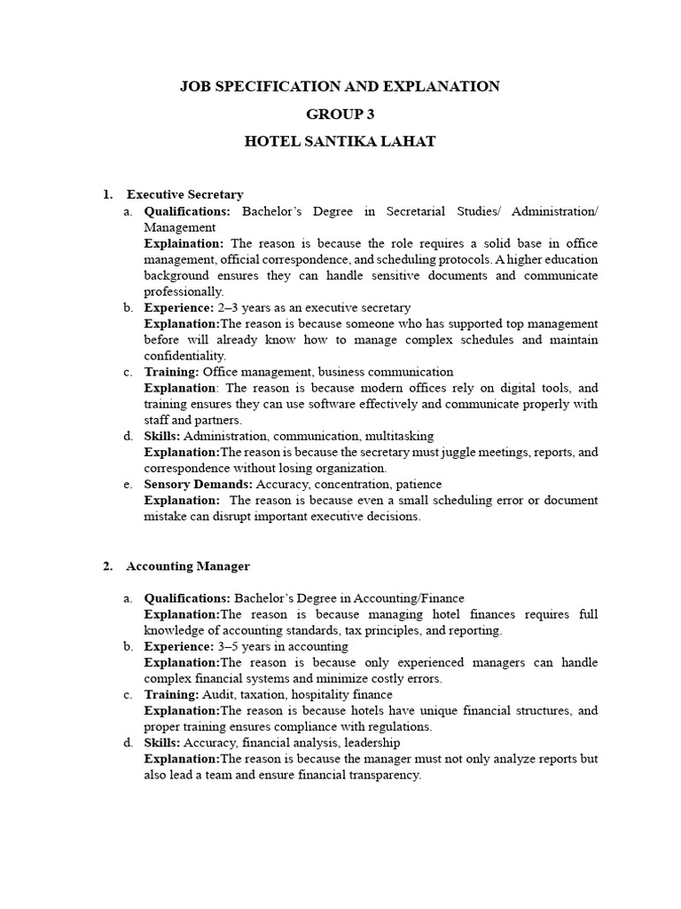 Hotel Job Specifications Overview | PDF | Chef | Accounting