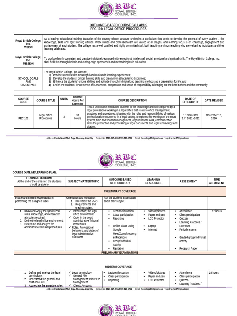 Legal Office Procedures Course Syllabus | PDF | Behavior Modification ...