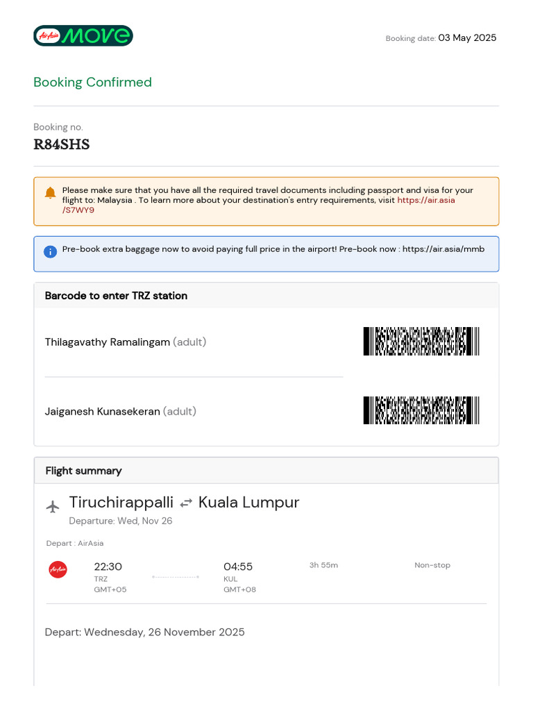 AirAsia Booking Confirmation: TRZ to KUL | PDF