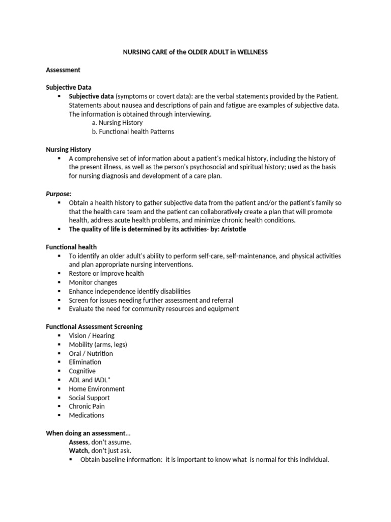 Nursing Assessment for Older Adults | PDF | Pain | Major Depressive ...