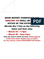 Book Report Submission for English 104 Shall Be at the Office of the Extension