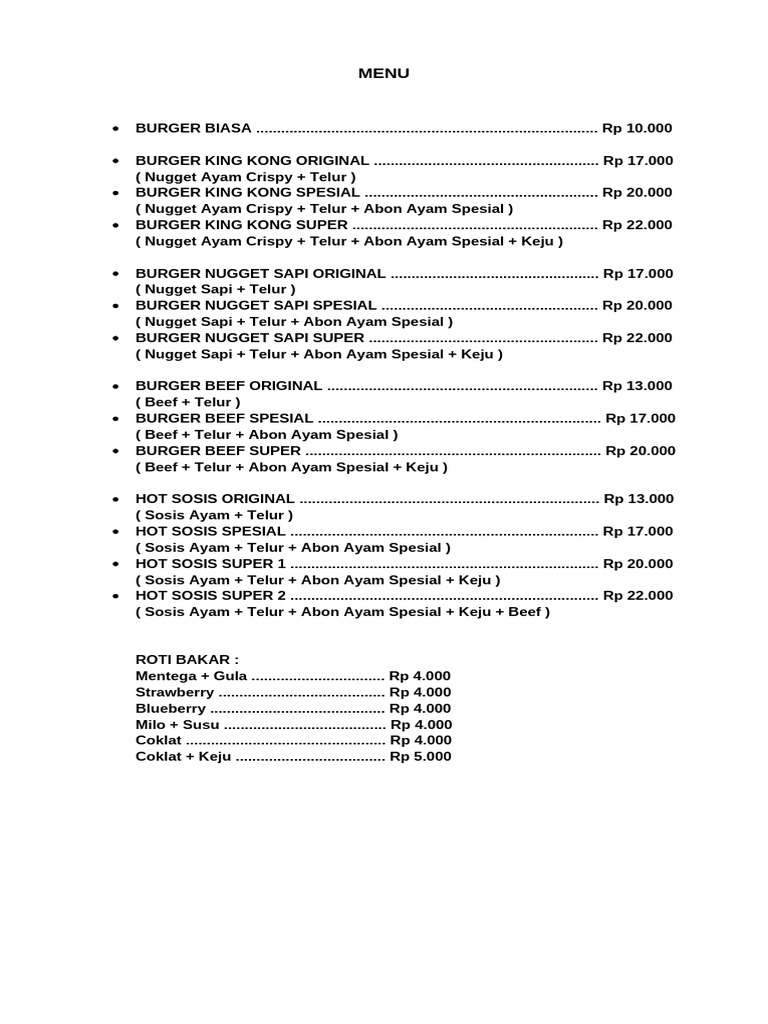 Menu Burger dan Roti Bakar Terjangkau | PDF