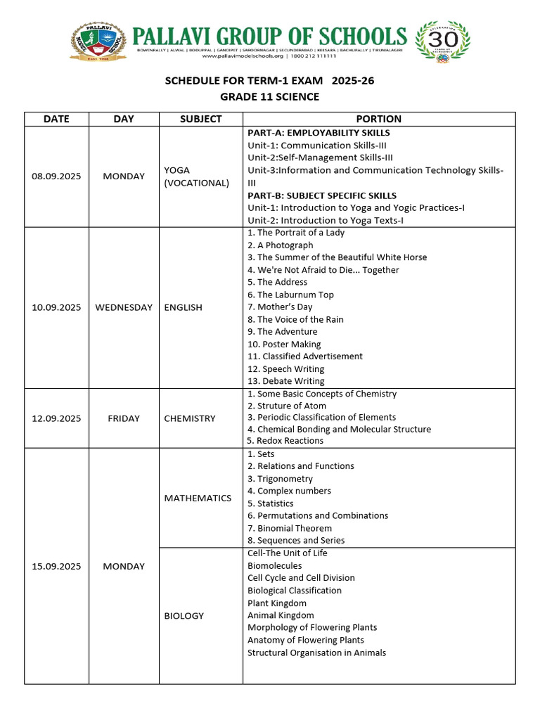 Grade 11 Term-1 Exam Schedule 2025-26 | PDF | Chemistry | Economics