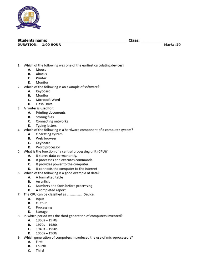 Computer Science Form 1 Test 2025 | PDF | Central Processing Unit ...
