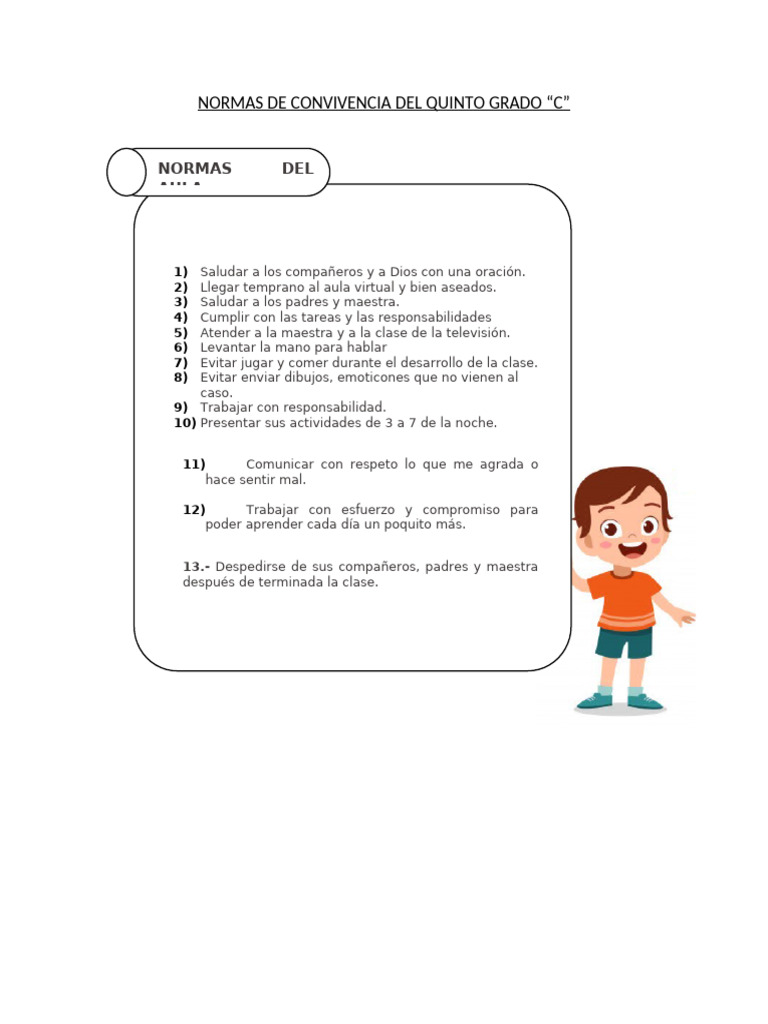 Normas de Convivencia Quinto Grado | PDF