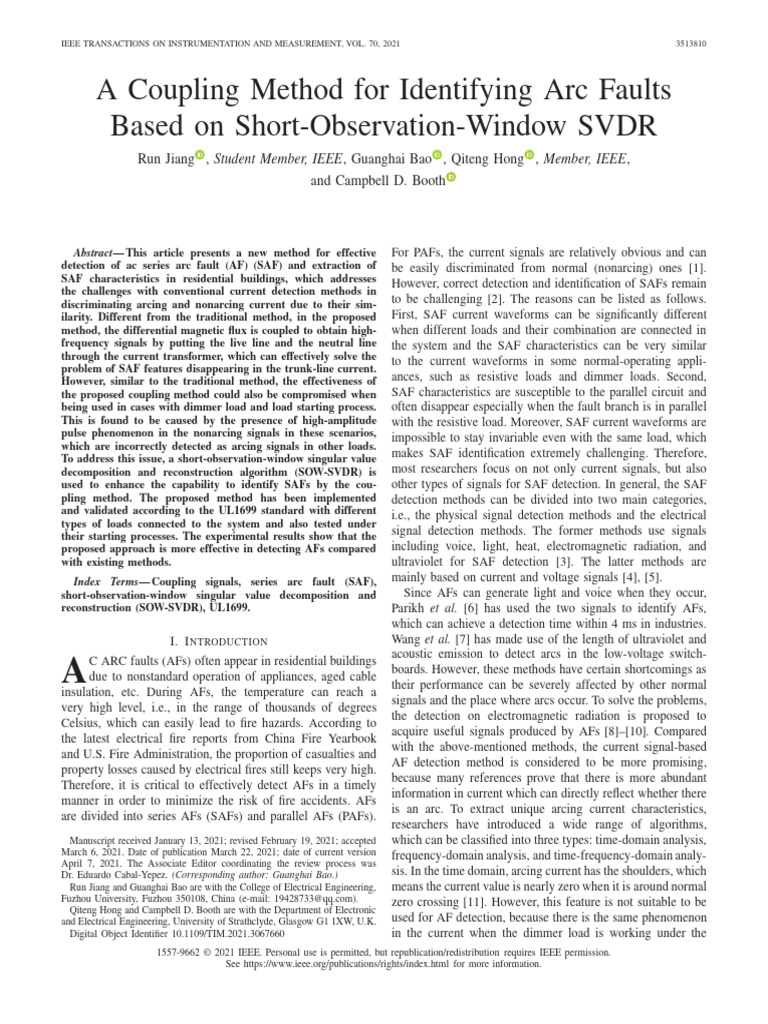 A Coupling Method For Identifying Arc Faults Based On Short-Observation ...