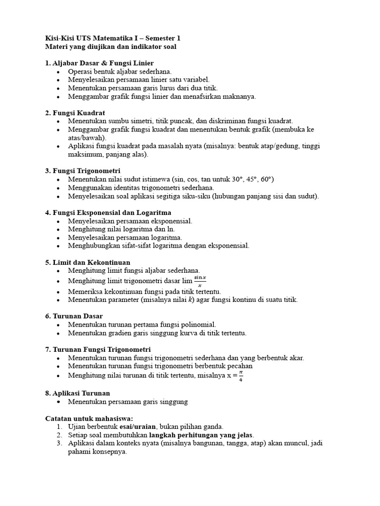 Kisi-Kisi UTS Matematika I Semester 1 | PDF