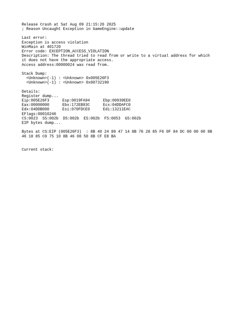 GameEngine Access Violation Error Report | PDF