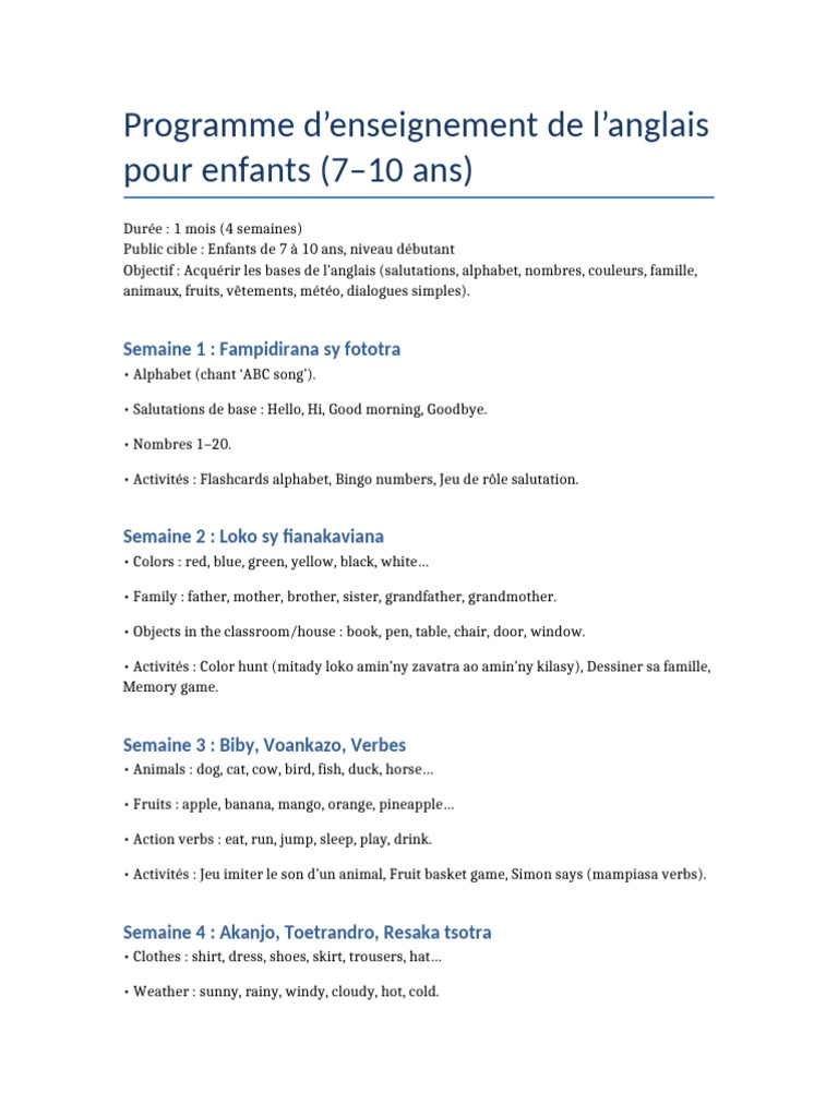 Programme d'anglais pour enfants 7-10 ans | PDF