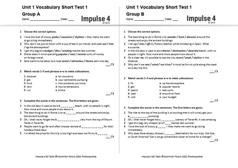 Impulse 4 B2 Vocabulary Tests | PDF | Tourism
