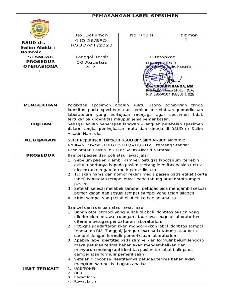 Prosedur Pelabelan Spesimen RSUD Namrole | PDF