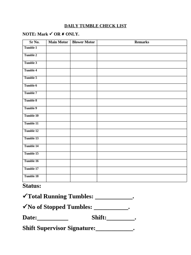 Daily Tumble Equipment Checklist | PDF