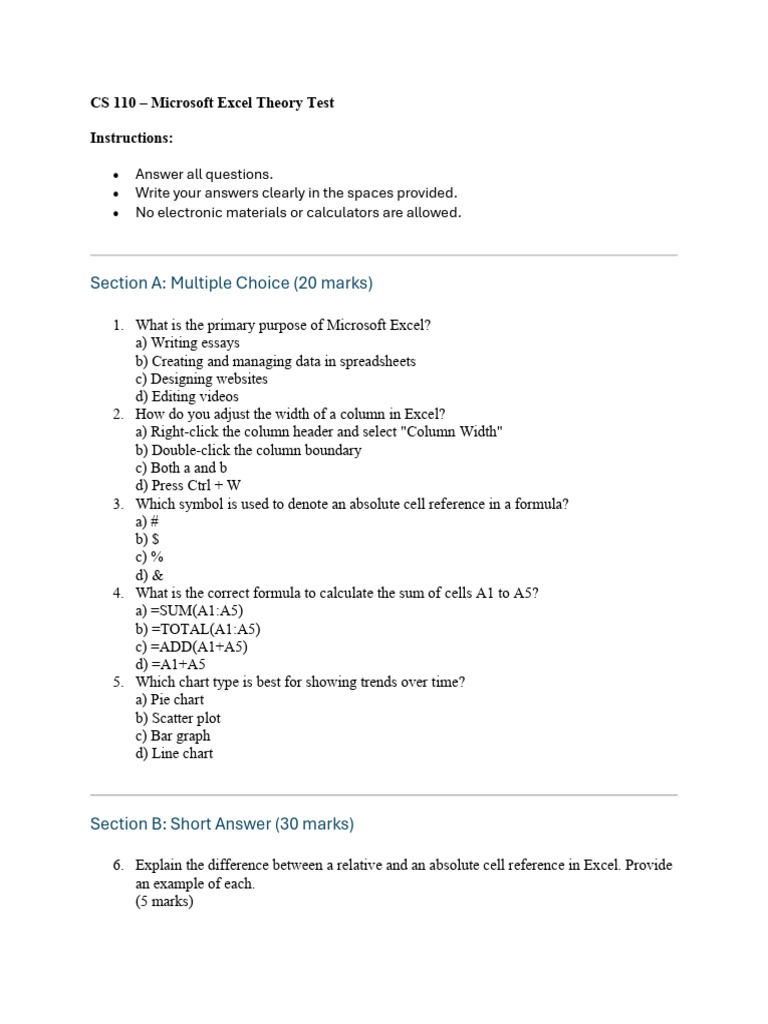 Microsoft Excel Theory Test Guide | PDF | Microsoft Excel | Spreadsheet