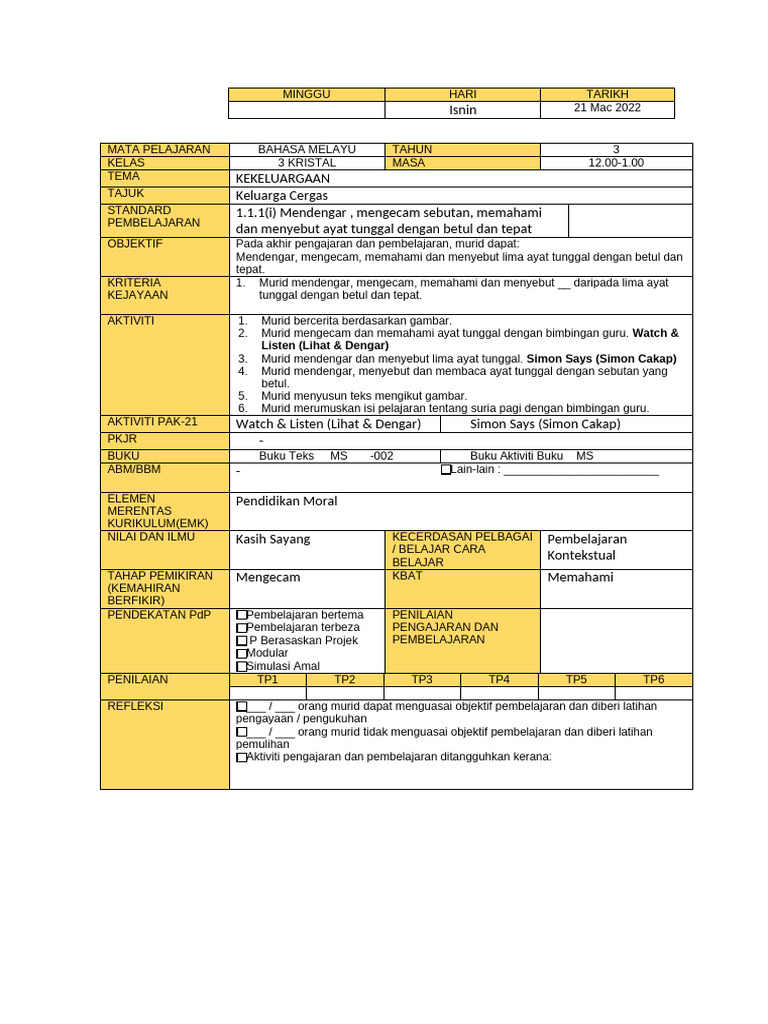 Rencana Pembelajaran Bahasa Melayu Tahun 3 | PDF