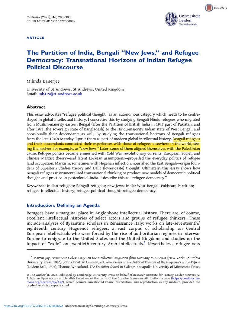 Partition of India Bengali New Jews and Refugee Democracy Transnational ...