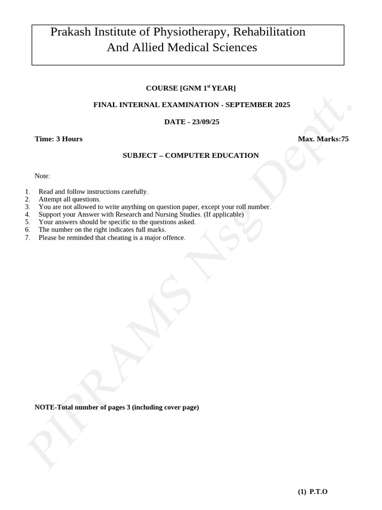 GNM 1st Year Computer Exam Paper | PDF | Computer Architecture ...