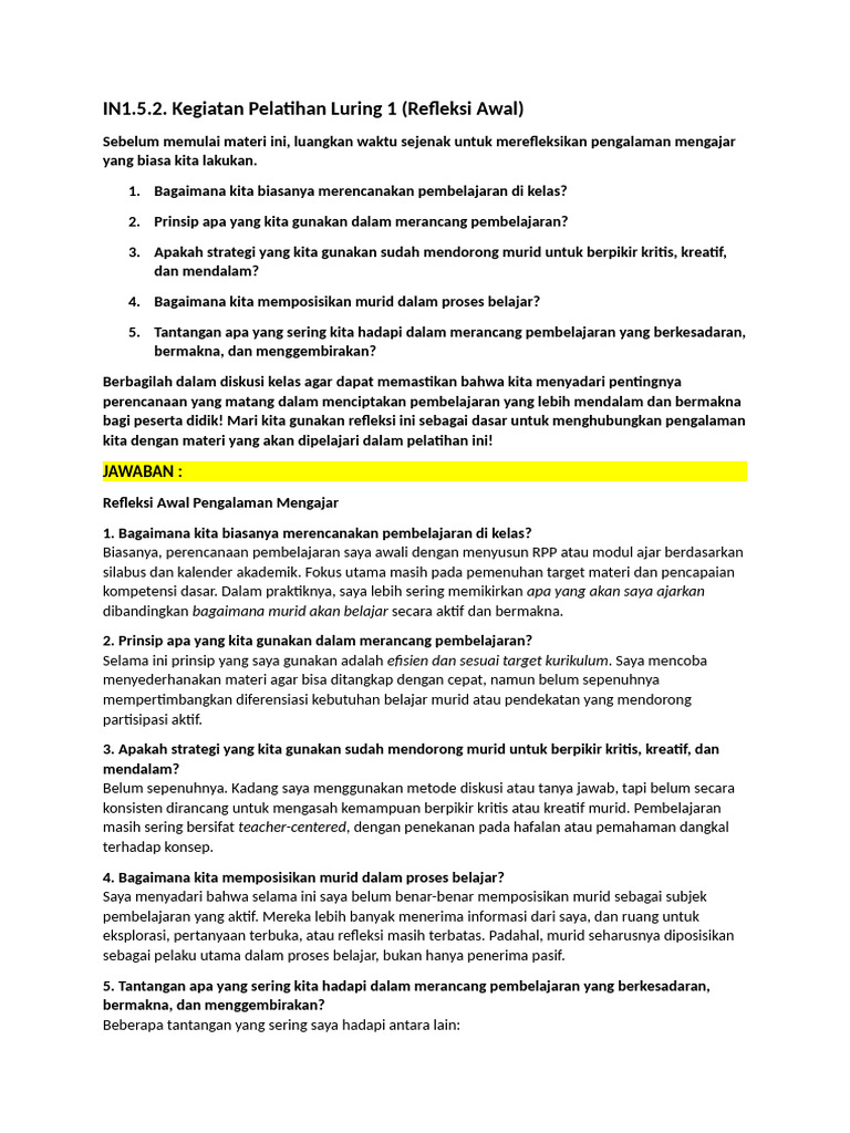 Refleksi Pelatihan Luring 1 | PDF