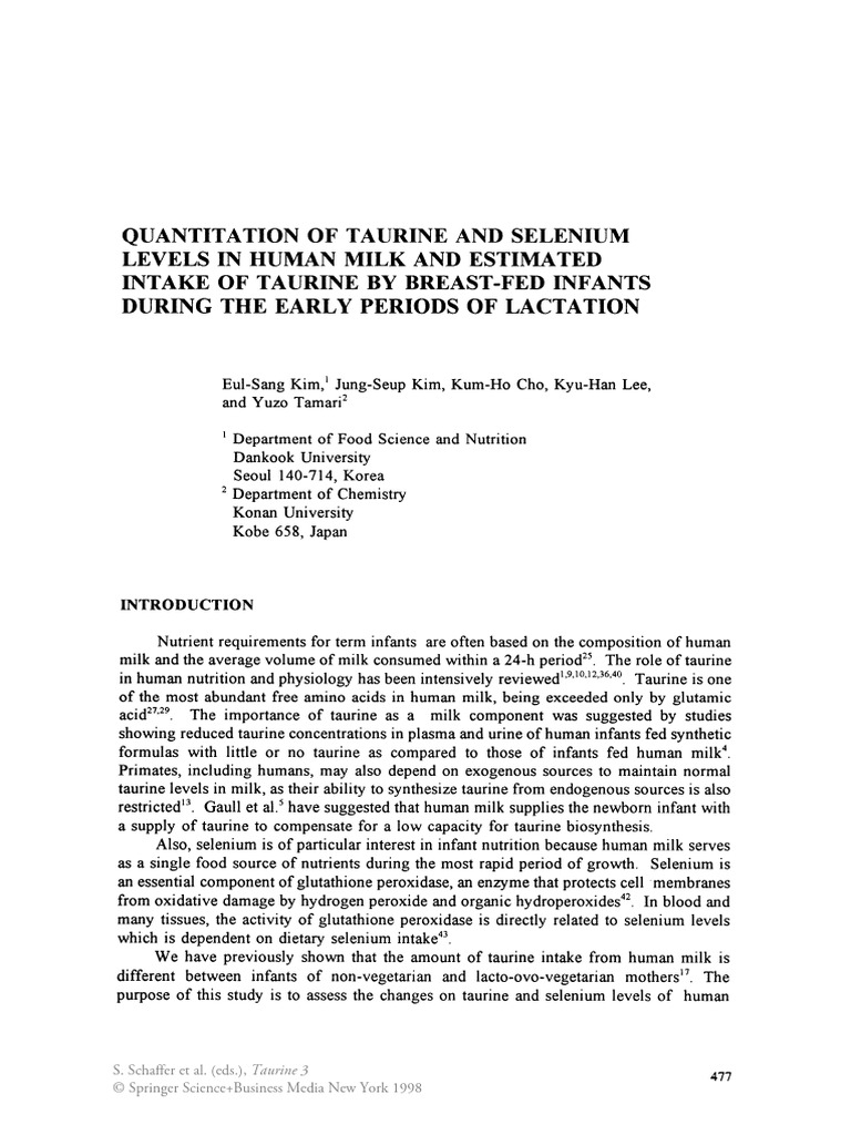 Quantitation of Taurine and Selenium Levels in Human Milk and Estimated ...