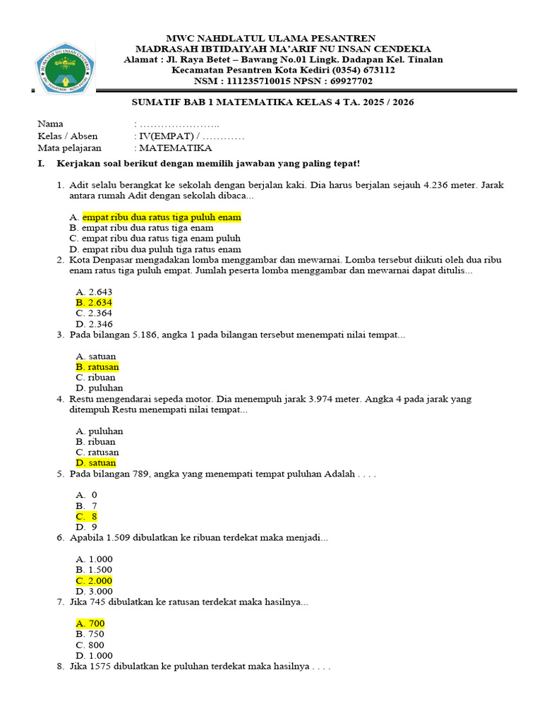 Soal Matematika Kelas 4 MI 2025/2026 | PDF